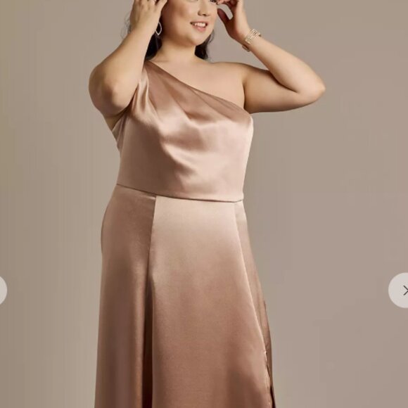 Burnt Orange / Cinnamon Luxe Charmeuse One-Shoulder Dress - STYLE # F20785 - Picture 3 of 5